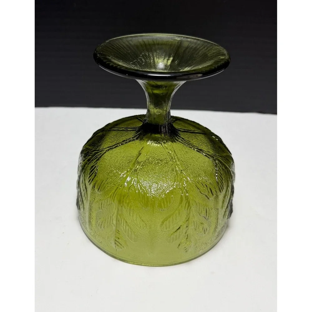 Vintage FTD Green Glass Compote Pedestal Candy Dish Embossed Leaf Pattern